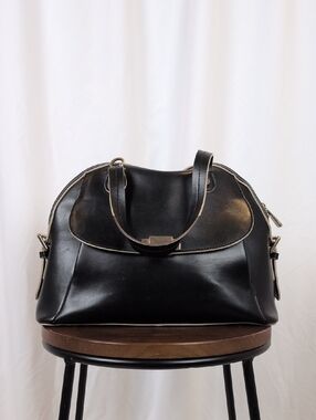 Danier Black Leather Dome Satchel Bag with Contrast Trim